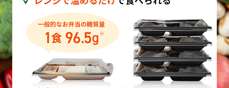 こんなに食べても、糖質量は
コンビニ弁当の1/4以下！！

✔︎ 全メニュー糖質22g以下
✔︎ バラエティ豊かなメニュー
✔︎ 一流シェフ絶賛のおいしさ
✔︎ レンジで温めるだけで食べられる

一般的なお弁当の糖質量
1食 96.5g※

※2021年3月時点でのコンビニエンスストア3社
　5商品（のり弁・幕の内弁当）の平均値をもとに当社算出

28色セットの内容

鶏もも肉と野菜のスイートチリソース
やわらか豚の和風マスタード焼き
ハーブ香る魚介のアクアパッツァ風
照り焼きチキン
とろけるチーズのミートボール
牛もも肉の黒胡椒炒め
海老ときのこのチーズクリーム
ピリッと辛い鳥ごぼうのトマト炒め
白身魚と7種食材の黒酢あんかけ
たっぷり野菜と鮭のショウガ醤油蒸し
鶏ささみの具沢山トマト煮込み
ほくほく豆のポークビーンズ
鶏肉とカボチャの豆乳煮込み


※おにぎり、パンはメニューに含まれません。
※画像は盛り付けた際のイメージです。