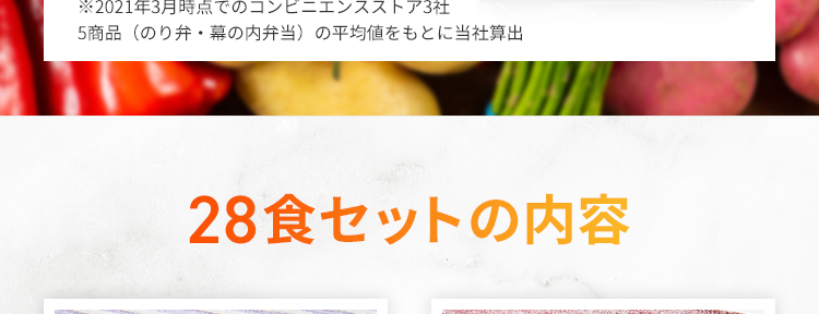 こんなに食べても、糖質量は
コンビニ弁当の1/4以下！！

✔︎ 全メニュー糖質22g以下
✔︎ バラエティ豊かなメニュー
✔︎ 一流シェフ絶賛のおいしさ
✔︎ レンジで温めるだけで食べられる

一般的なお弁当の糖質量
1食 96.5g※

※2021年3月時点でのコンビニエンスストア3社
　5商品（のり弁・幕の内弁当）の平均値をもとに当社算出

28色セットの内容

鶏もも肉と野菜のスイートチリソース
やわらか豚の和風マスタード焼き
ハーブ香る魚介のアクアパッツァ風
照り焼きチキン
とろけるチーズのミートボール
牛もも肉の黒胡椒炒め
海老ときのこのチーズクリーム
ピリッと辛い鳥ごぼうのトマト炒め
白身魚と7種食材の黒酢あんかけ
たっぷり野菜と鮭のショウガ醤油蒸し
鶏ささみの具沢山トマト煮込み
ほくほく豆のポークビーンズ
鶏肉とカボチャの豆乳煮込み


※おにぎり、パンはメニューに含まれません。
※画像は盛り付けた際のイメージです。