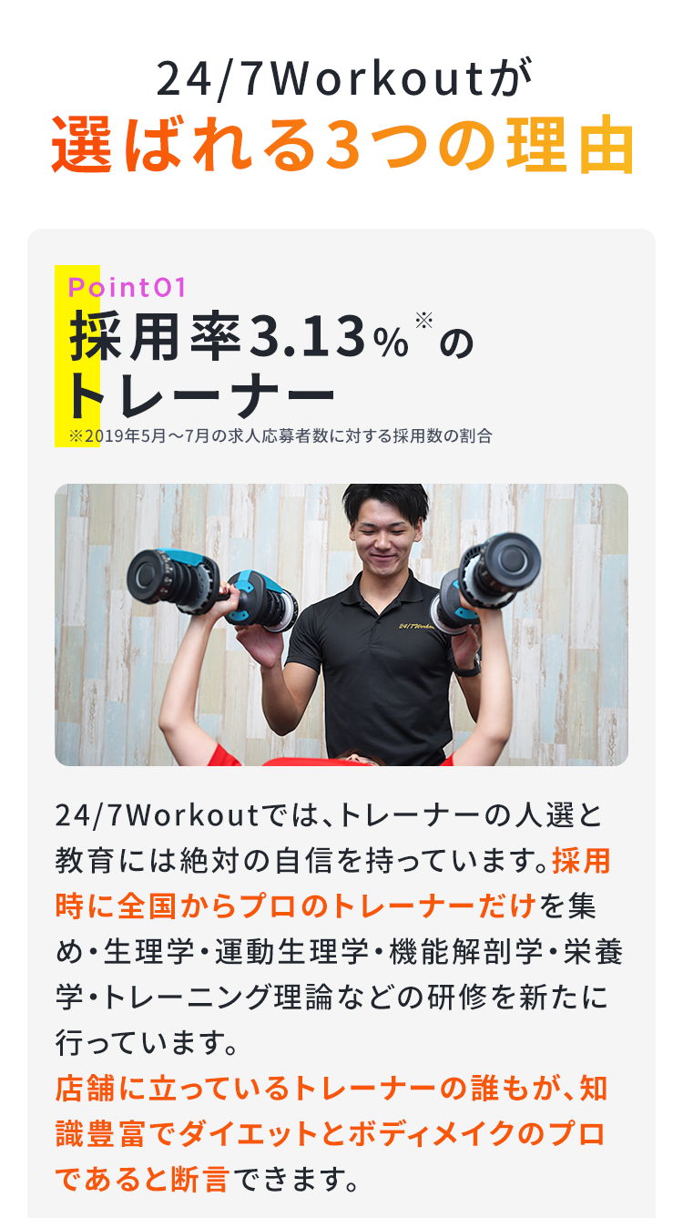 24/7Workoutが
選ばれる3つの理由

Point01
採用率3.13%※のトレーナー
※2019年5月〜7月の求人応募者数に対する採用数の割合

24/7Workoutでは、トレーナーの人選と教育には絶対の自信を持っています。採用時に全国からプロのトレーナーだけを集め・生理学・運動生理学・機能解剖学・栄養学・トレーニング理論などの研修を新たに行っています。
店舗に立っているトレーナーの誰もが、知識豊富でダイエットとボディメイクのプロであると断言できます。

トレーナーの保有資格
トレーニング系の保有資格例
食事管理系の保有資格例
体調管理系の保有資格例