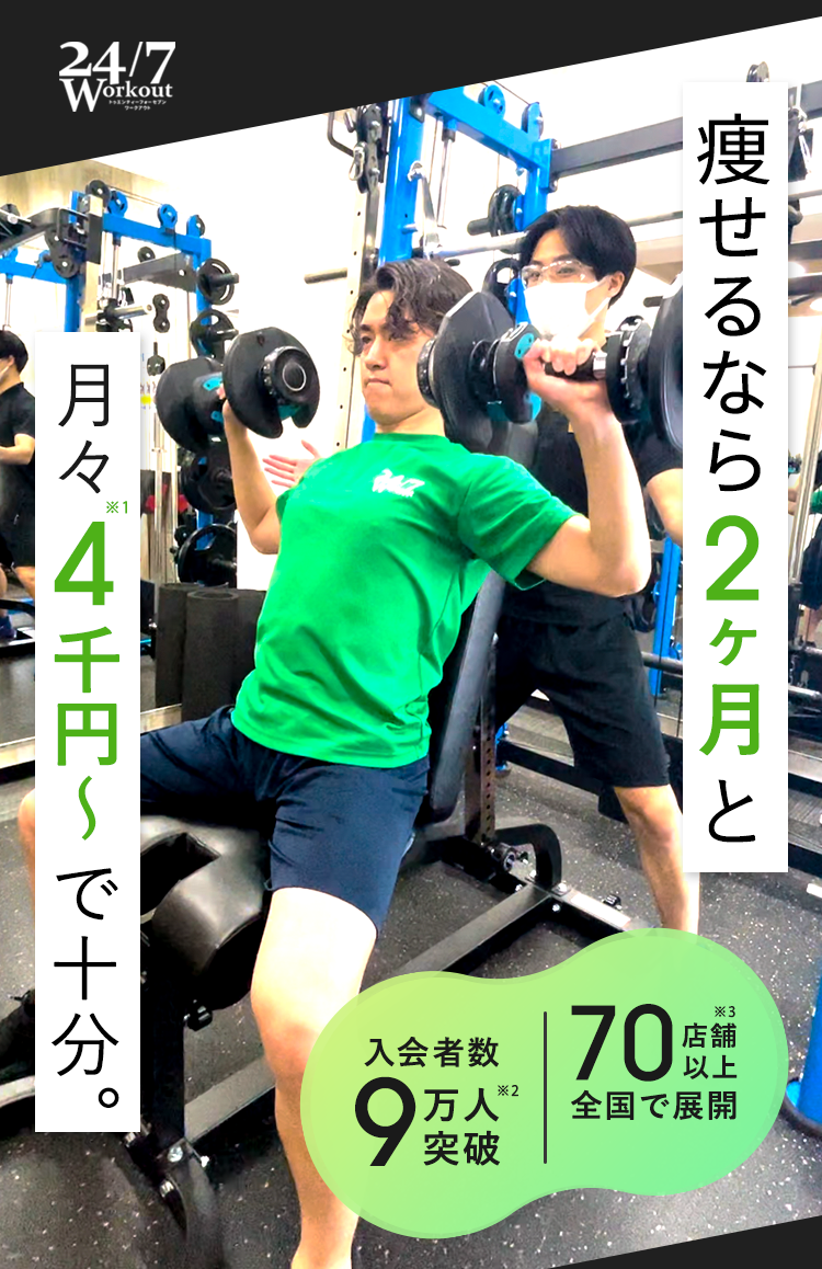 24/7Workout

痩せるなら
月々4,000円※1〜で十分。

入会者数９万人突破※2
70店舗以上全国で展開
