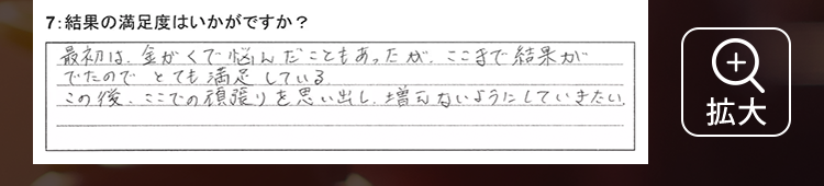 最初は、金がくで悩んだこともあったが、ここまで結果がでたのでとても満足している。この後、ここでの頑張りを思い出し、増えないようにしていきたい。